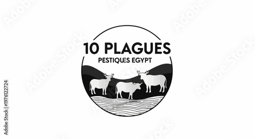 Stylized circular emblem with cattle and text about Egyptian plagues