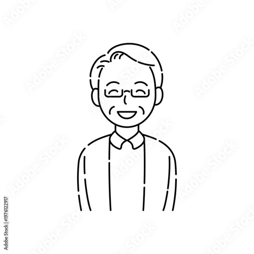 眼鏡をかけて目も笑うシニア男性の笑顔 シンプルイラスト 線画