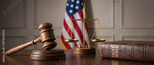 Judge gavel, scales of justice and Holy Bible with American flag, legal law and court concept. 