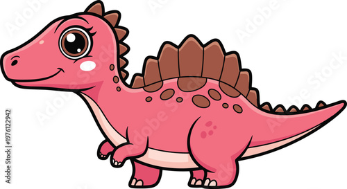 Cute pink Spinosaurus dinosaur cartoon vector illustration with brown sail and big eyes isolated on white background for kids education
