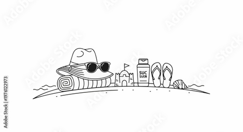 Beach essentials laid out on the sand with a hat, sunglasses, and flip-flops