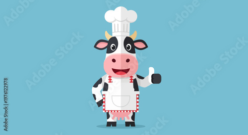 Cartoon cow wearing chef hat apron.