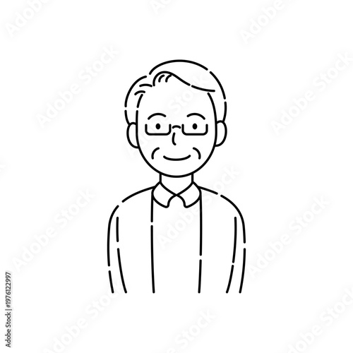 メガネをかけたシニア男性の笑顔 シンプルイラスト線イラスト