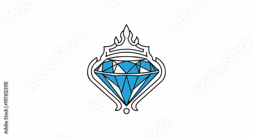 A stylized blue diamond is encased within an ornate black outline frame