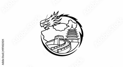 Stylized dragon encircling iconic Chinese structures on a white background