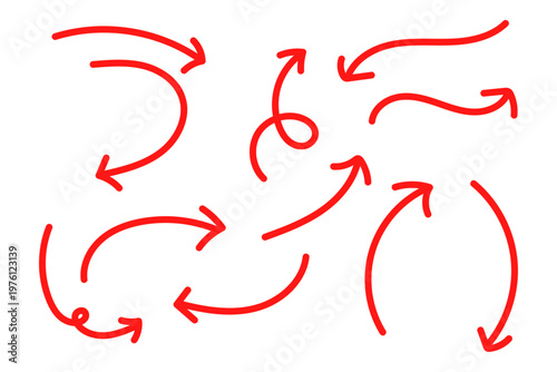 手描き風カーブ矢印セット シンプルな方向指示ラインアイコン素材集　赤