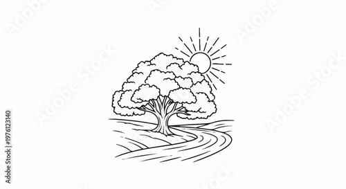 A stylized drawing shows a large, leafy tree with a winding path and a radiant sun