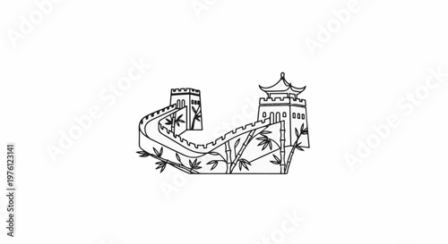 Stylized Great Wall of China with pagodas and bamboo