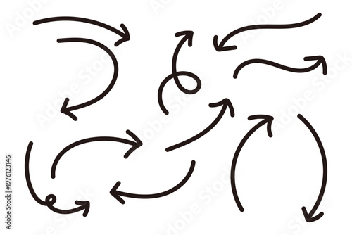 手描き風カーブ矢印セット シンプルな方向指示ラインアイコン素材集　黒