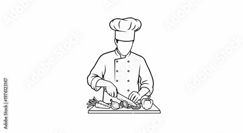 Chef in traditional hat and uniform prepares vegetables for cooking