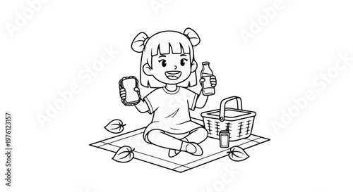 A happy child sits cross-legged on a blanket with picnic items