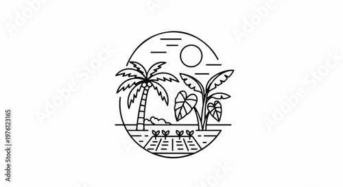 Tropical farm scene with palm tree, banana plant, and small sprouts