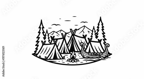 Rustic Viking camp with tents, fire, and longship by mountains