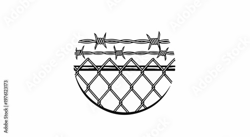 Close up illustration of a chain-link fence topped with barbed wire