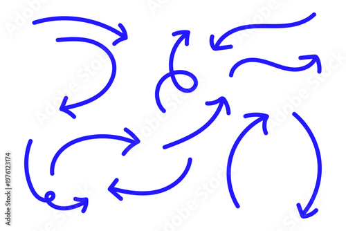 手描き風カーブ矢印セット シンプルな方向指示ラインアイコン素材集　青