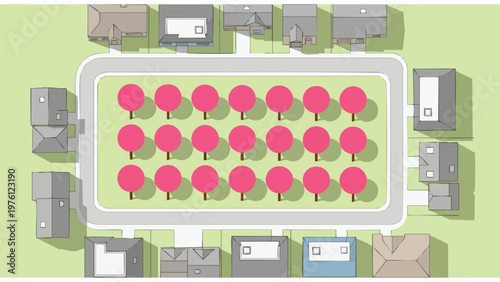 Neighborhood Aerial View: Residential Street & Green Space for Real Estate & Urban Planning