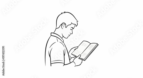 A young person in a collared shirt reads an open book held in both hands