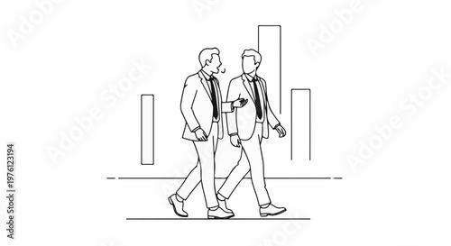 Two businessmen in suits walk and converse against a background of abstract vertical lines