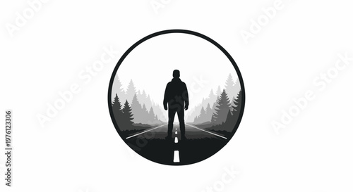 Solitary figure stands on road, facing dense forest within circle
