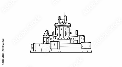 Ornate line drawing of a multi-turreted castle with crenellated walls and ramparts