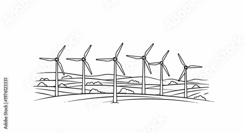 Rolling hills with a line of wind turbines under a bright sky