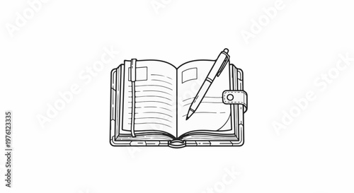 Open notebook with lines, pen, and closure strap on white background