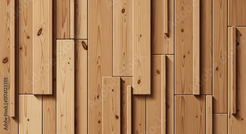 Dynamic wooden texture background featuring an abstract composition of overlapping and recessed natural pine boards for design projects