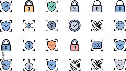 Set of security and authentication icons with locks shields and fingerprints