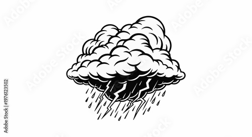 Dramatic storm cloud with lightning and rain depicted in bold black and white
