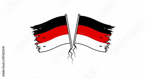 Two torn flags, black, red, white, ripped down the middle