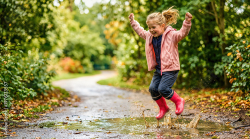 Happy little girl in pink rain boots jumping and splashing in a muddy puddle. Playful child having fun outdoors on a wet dirt path in the park