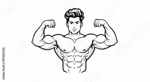 Muscular man flexing biceps with defined abdominal muscles