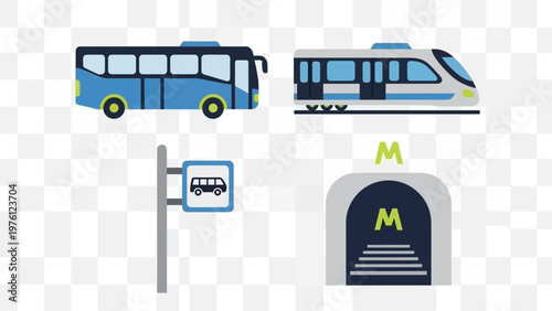 Public transport vehicles and station signs on a transparent background.