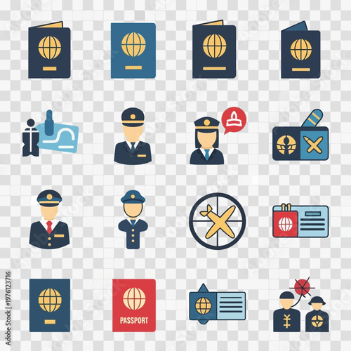 Icons representing travel documents and border control.