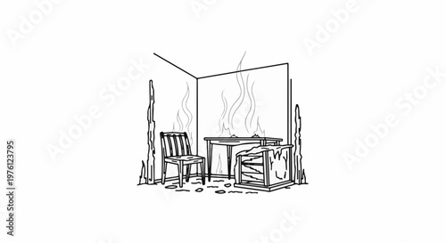 Room on fire with furniture and flames