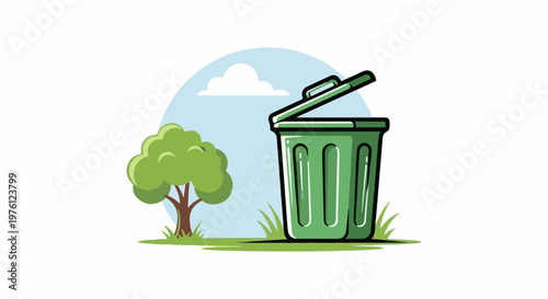 Green trash can next to a leafy tree in a grassy park setting