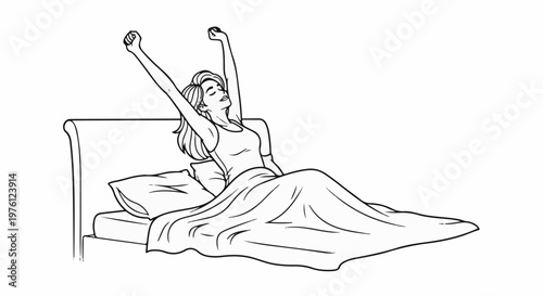 Woman stretching awake in bed, arms raised, eyes closed, under covers