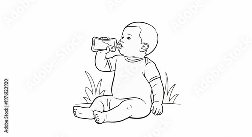A baby sits in the grass drinking from a bottle