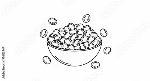 Hand-drawn illustration of a bowl filled with oval-shaped objects, with more scattered around
