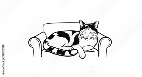 A black and white drawing of a contented cat sleeping on a couch