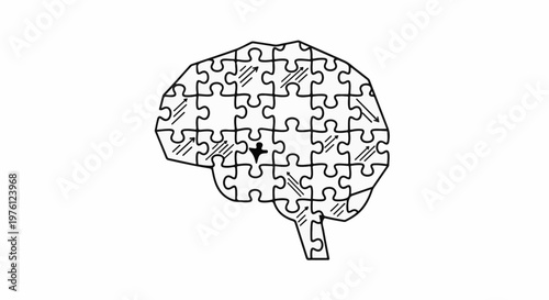 Brain shaped jigsaw puzzle with arrows indicating flow and a central black marker