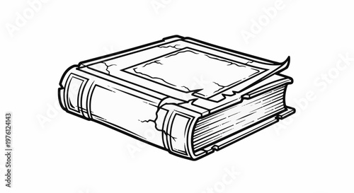 An old, cracked book lies open with a torn page