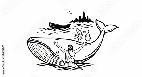 Biblical scene with figure emerging from whale, city skyline, boat, and flora