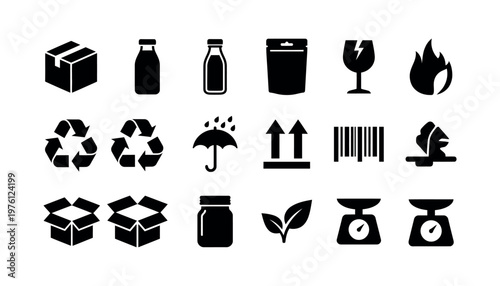 Collection of black icons on white background.