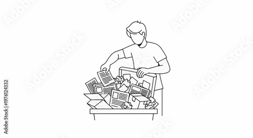 Man sorting through messy pile of papers in a box