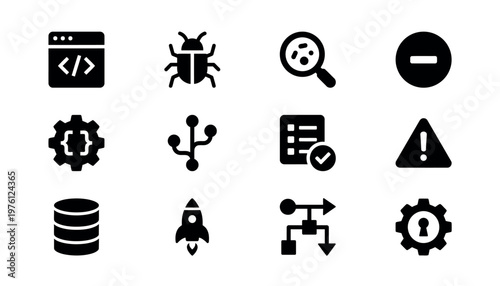 Black icons for coding and software development.