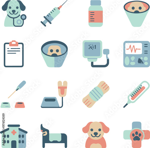 Veterinary clinic icons with dog cat medical equipment and building