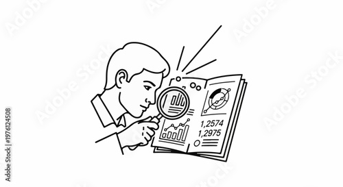 Man examines financial data with a magnifying glass, showing graphs and numbers