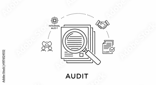Conceptual illustration of internal audit process with magnifying glass, documents, handshake, and people