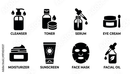 Black icons of skincare products on white.